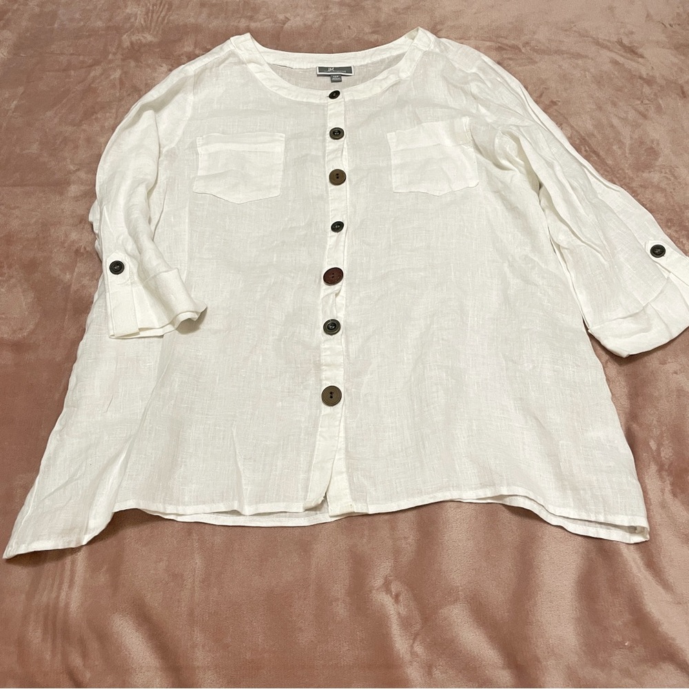 JM Collection 3/4 Sleeve Button Down White Linen Blouse Top Size 12P